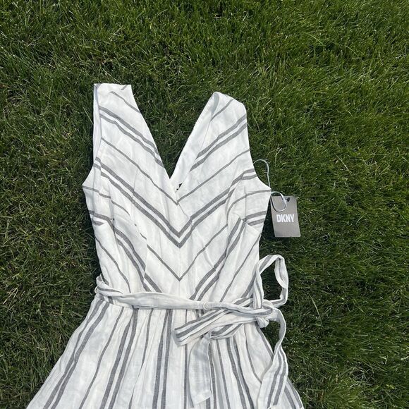DKNY  Donna Karan Linen Stripe V-Neck Sleeveless Tie Waist Maxi Dress NWT size 2 - Picture 5 of 11